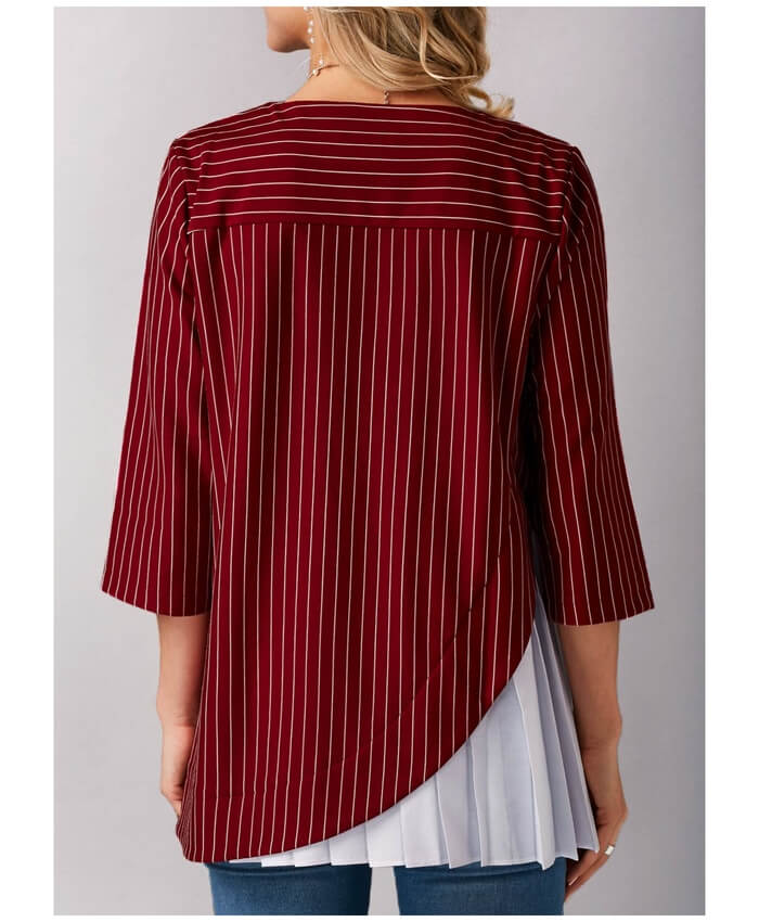 Pleated Wine Red Three Quarter Sleeve Blouse